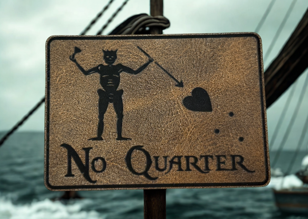 Blackbeard’s “No Quarter” Leatherette Morale Patch – Velcro-Backed Pirate Legend