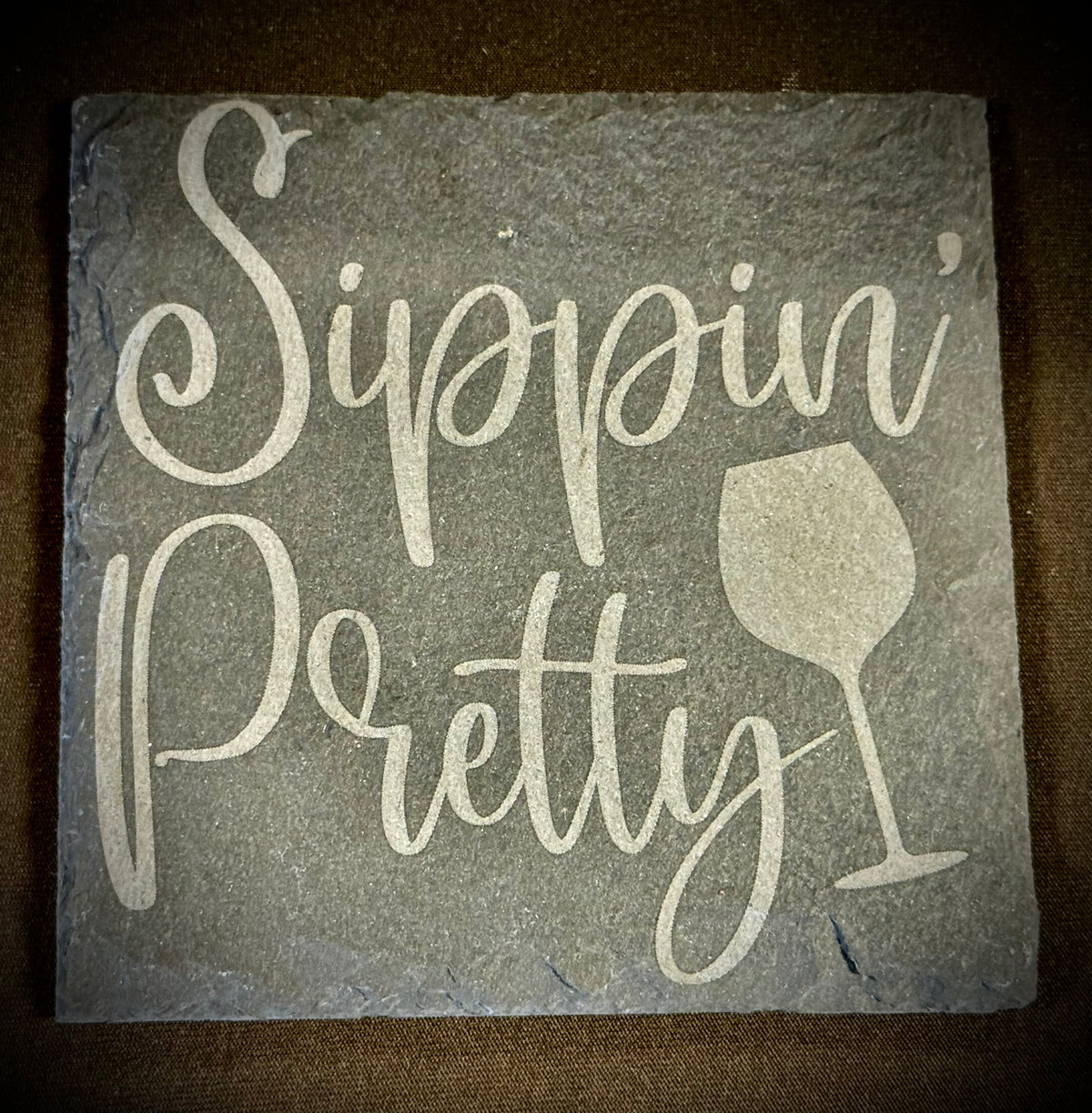 Sippin’ Pretty Slate Coaster – Engraved Stone Art