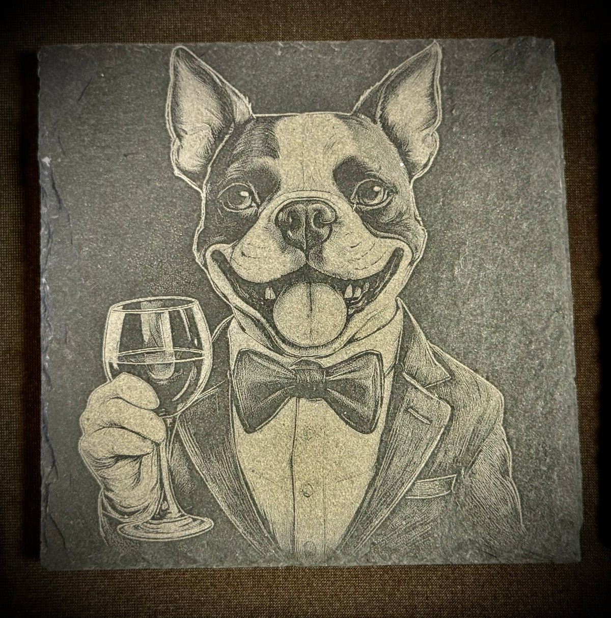 Dapper Boston Terrier Slate Coaster – Engraved Stone Art
