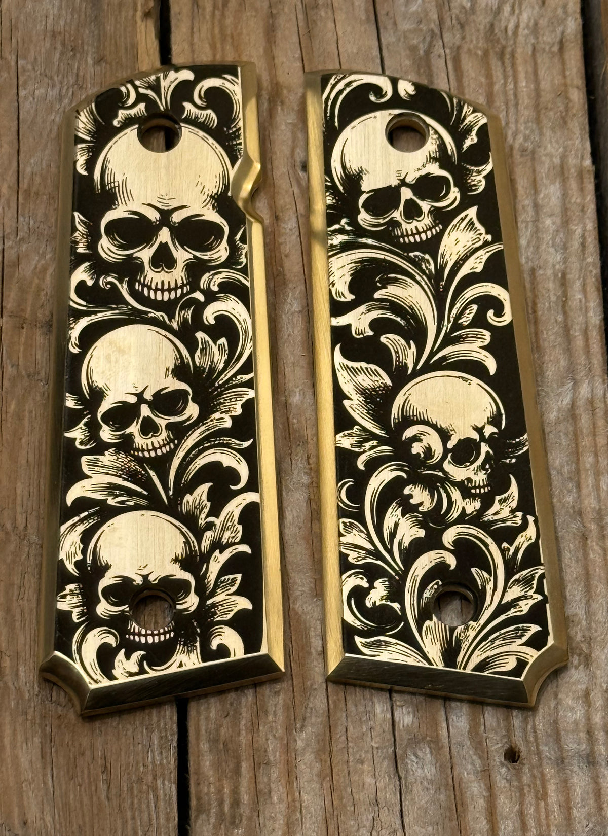 Skull-Engraved 1911 Grips – Death’s Grip Brass