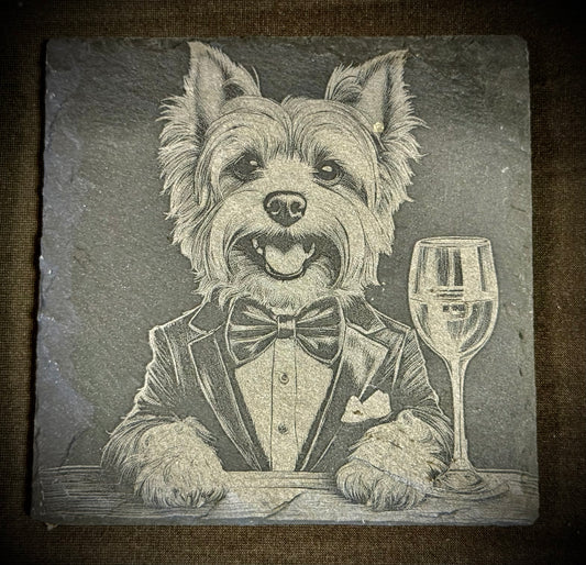 Dapper Yorkie Slate Coaster – Engraved Stone Art
